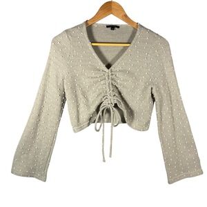 Sage Green Pom Pom Ruched Front Cropped Knit Sweater Cottage Core SMALL